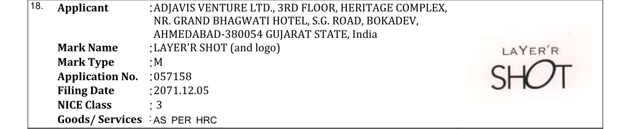 Original bulletin entry for LAYER'R SHOT (and logo)
