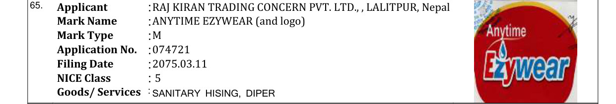 Original bulletin entry for ANYTIME EZYWEAR (and logo)