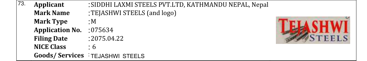 Original bulletin entry for TEJASHWI STEELS (and logo)