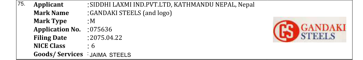 Original bulletin entry for GANDAKI STEELS (and logo)