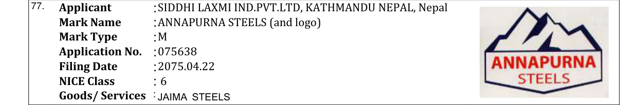 Original bulletin entry for ANNAPURNA STEELS (and logo)