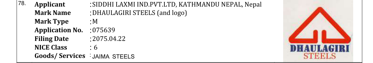 Original bulletin entry for DHAULAGIRI STEELS (and logo)