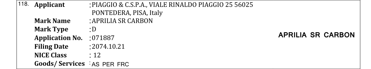 Original bulletin entry for APRILIA SR CARBON