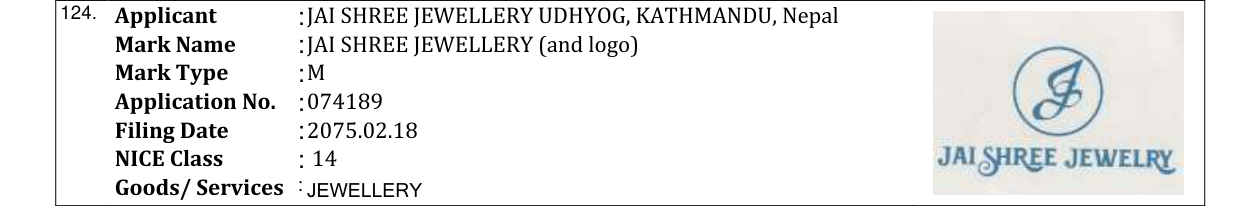 Original bulletin entry for JAI SHREE JEWELLERY (and logo)