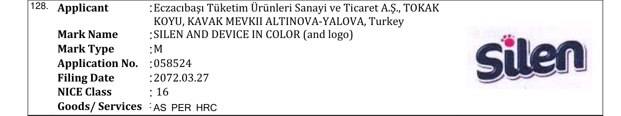 Original bulletin entry for SILEN AND DEVICE IN COLOR (and logo)