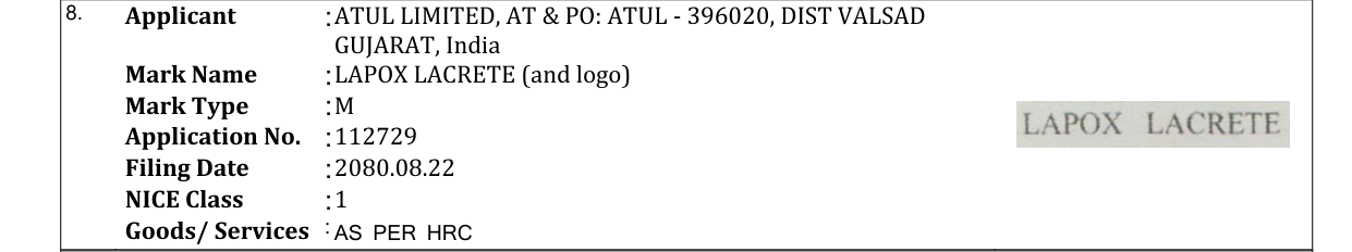Original bulletin entry for LAPOX LACRETE (and logo)