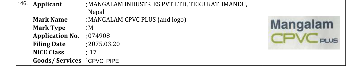 Original bulletin entry for MANGALAM CPVC PLUS (and logo)