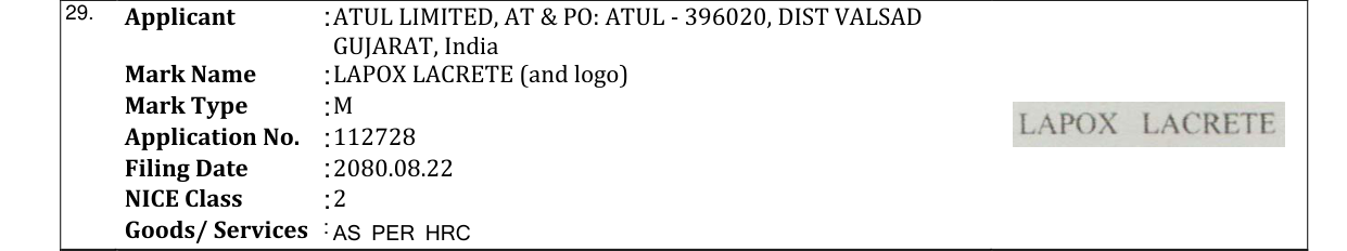 Original bulletin entry for LAPOX LACRETE (and logo)