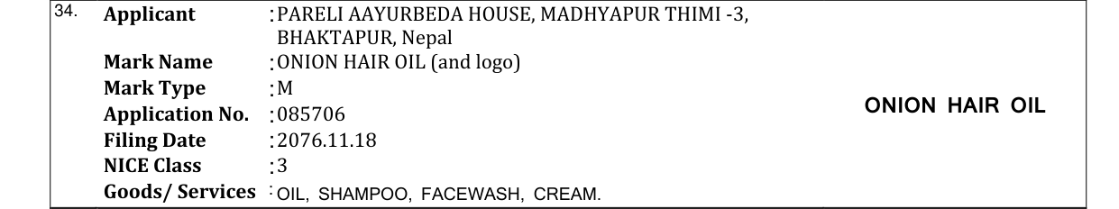 Original bulletin entry for ONION HAIR OIL (and logo)