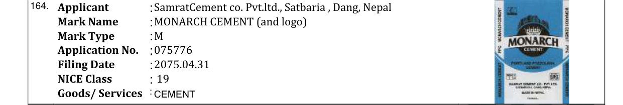 Original bulletin entry for MONARCH CEMENT (and logo)