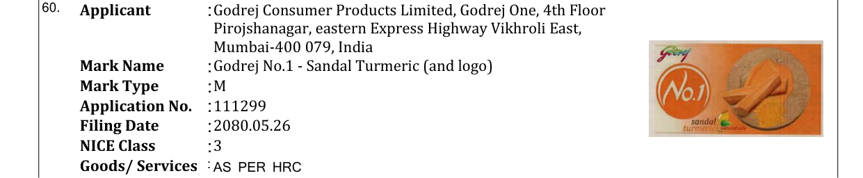 Original bulletin entry for Godrej No.1 - Sandal Turmeric (and logo)