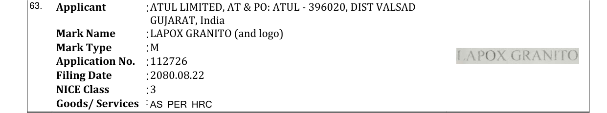 Original bulletin entry for LAPOX GRANITO (and logo)