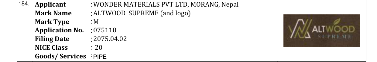 Original bulletin entry for ALTWOOD SUPREME (and logo)