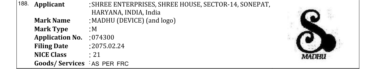 Original bulletin entry for MADHU (DEVICE) (and logo)
