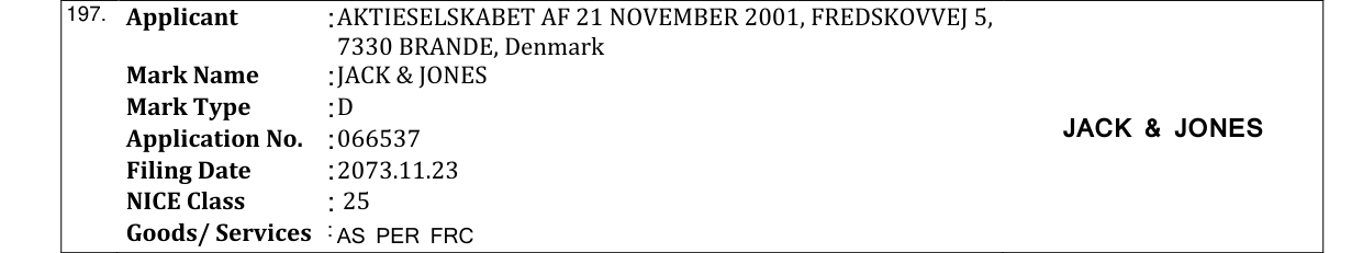 Original bulletin entry for JACK & JONES