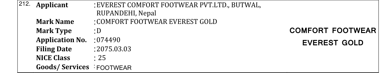 Original bulletin entry for COMFORT FOOTWEAR EVEREST GOLD