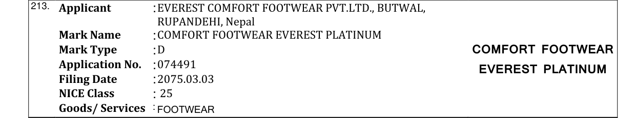 Original bulletin entry for COMFORT FOOTWEAR EVEREST PLATINUM