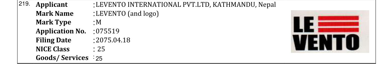 Original bulletin entry for LEVENTO (and logo)