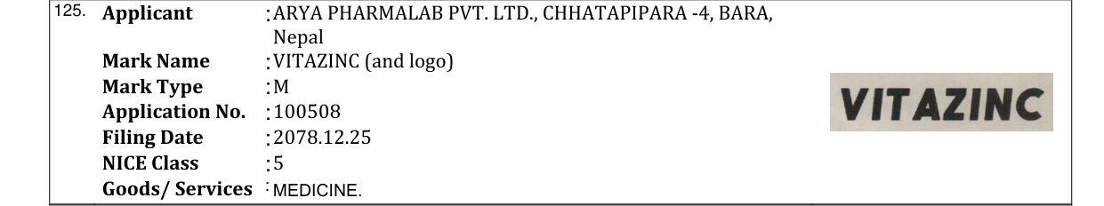 Original bulletin entry for VITAZINC (and logo)