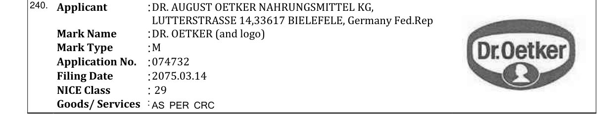 Original bulletin entry for DR. OETKER (and logo)