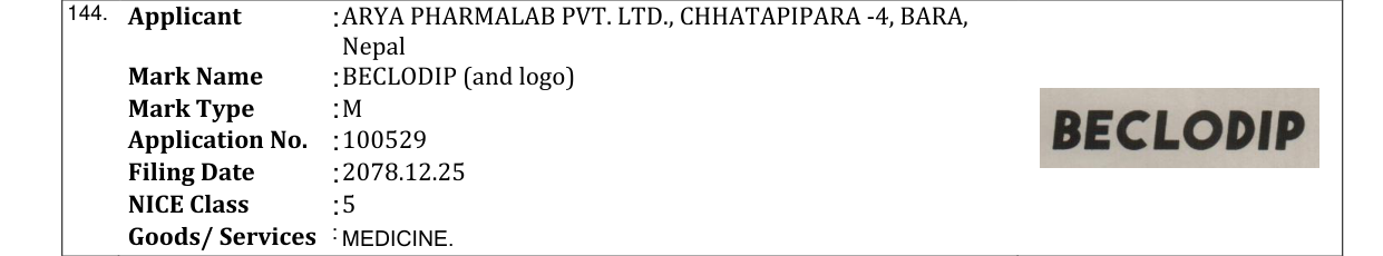 Original bulletin entry for BECLODIP (and logo)