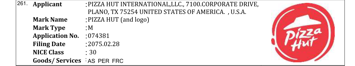 Original bulletin entry for PIZZA HUT (and logo)