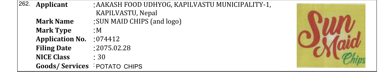 Original bulletin entry for SUN MAID CHIPS (and logo)