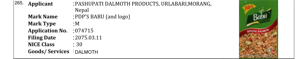 Original bulletin entry for PDP'S BABU (and logo)