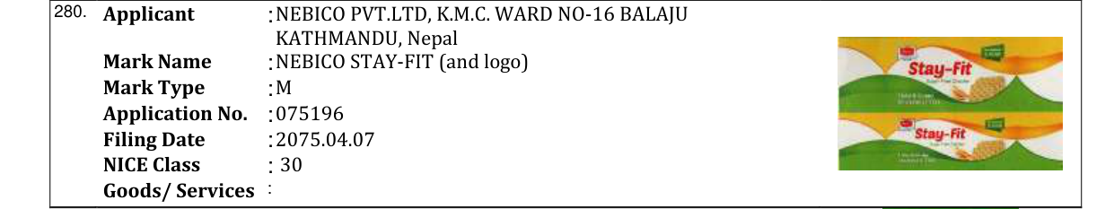 Original bulletin entry for NEBICO STAY-FIT (and logo)