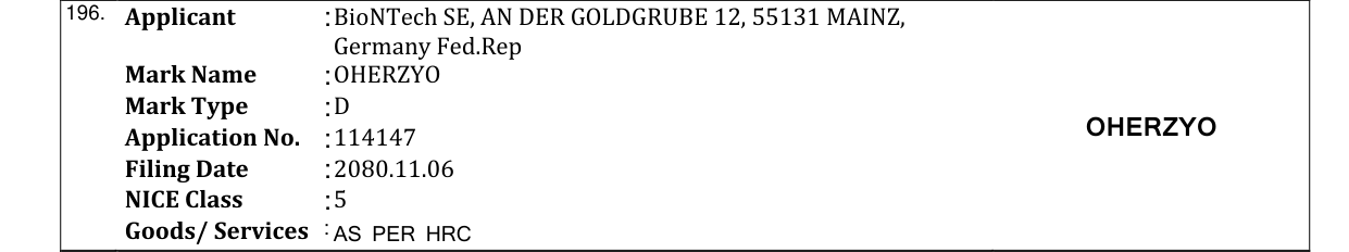 Original bulletin entry for OHERZYO