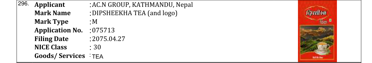 Original bulletin entry for DIPSHEEKHA TEA (and logo)