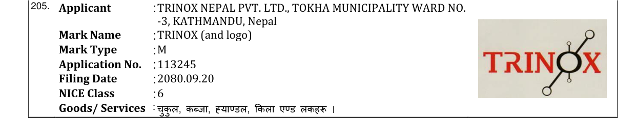 Original bulletin entry for TRINOX (and logo)