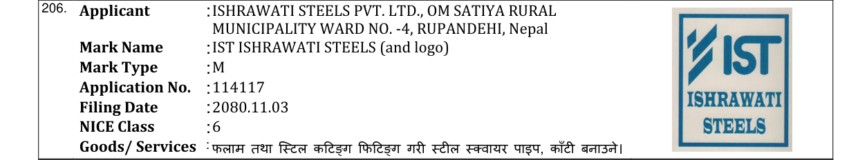 Original bulletin entry for IST ISHRAWATI STEELS (and logo)