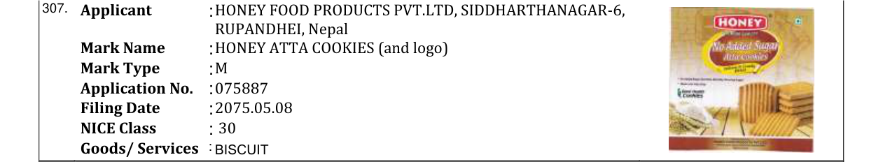 Original bulletin entry for HONEY ATTA COOKIES (and logo)