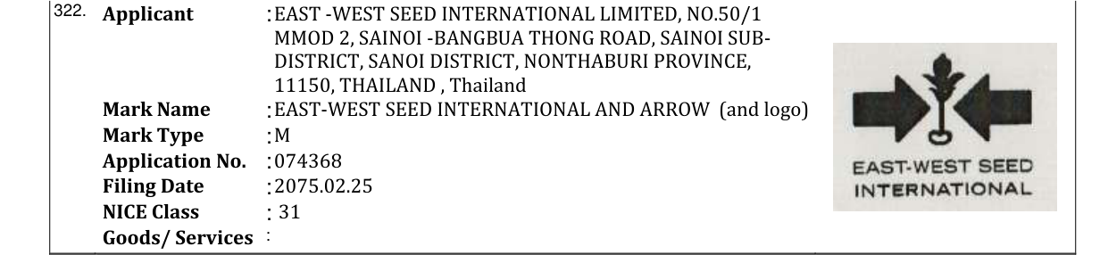 Original bulletin entry for EAST-WEST SEED INTERNATIONAL AND ARROW (and logo)