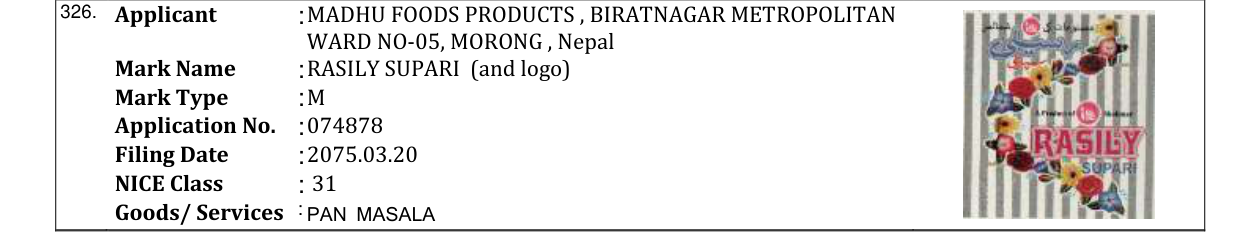 Original bulletin entry for RASILY SUPARI (and logo)