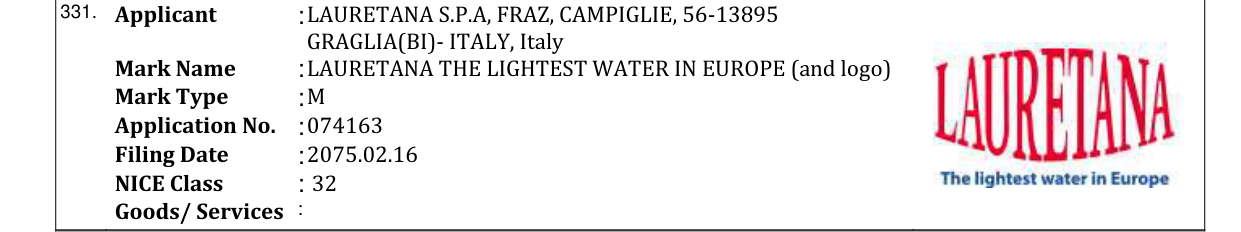 Original bulletin entry for LAURETANA THE LIGHTEST WATER IN EUROPE (and logo)