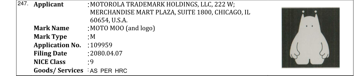 Original bulletin entry for MOTO MOO (and logo)