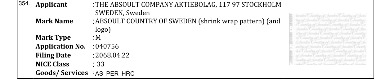 Original bulletin entry for ABSOULT COUNTRY OF SWEDEN (shrink wrap pattern) (and logo)
