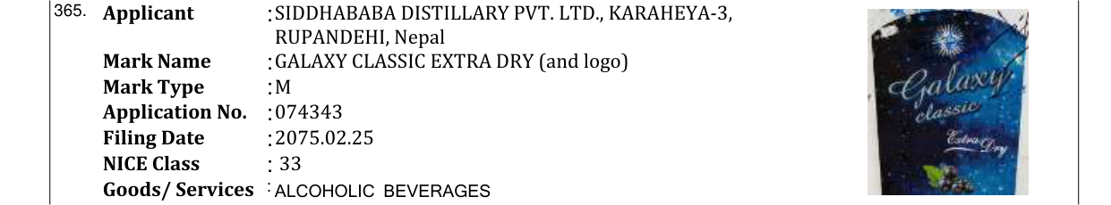 Original bulletin entry for GALAXY CLASSIC EXTRA DRY (and logo)