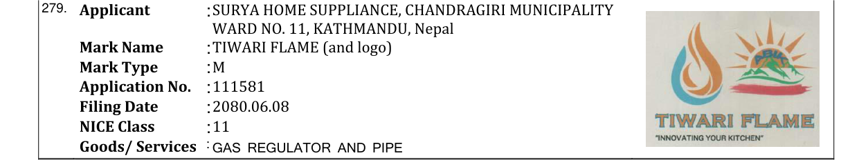 Original bulletin entry for TIWARI FLAME (and logo)