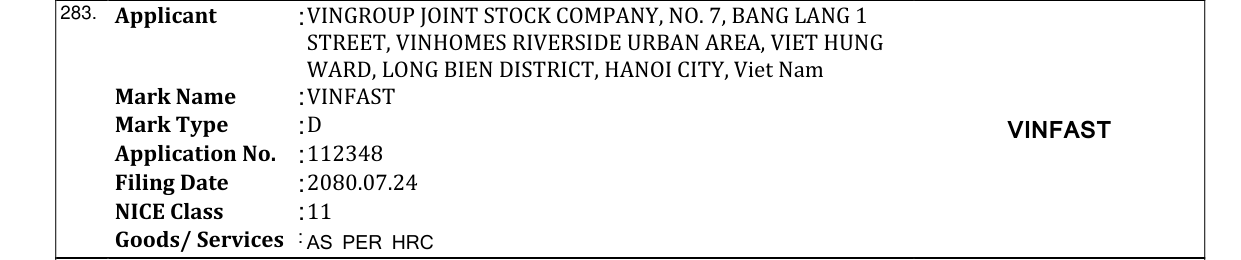 Original bulletin entry for VINFAST