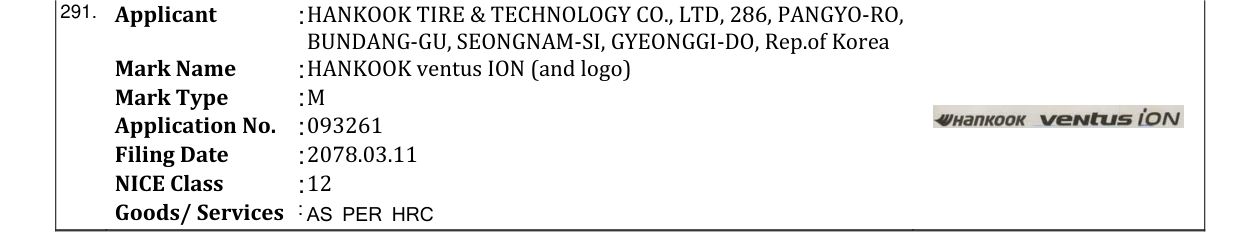 Original bulletin entry for HANKOOK ventus ION (and logo)
