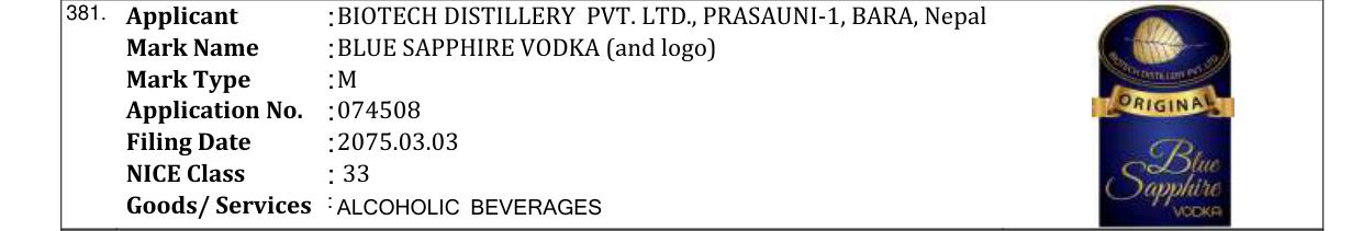 Original bulletin entry for BLUE SAPPHIRE VODKA (and logo)