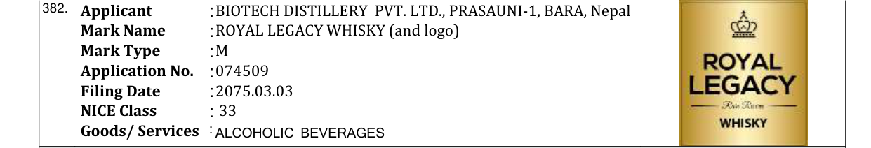 Original bulletin entry for ROYAL LEGACY WHISKY (and logo)