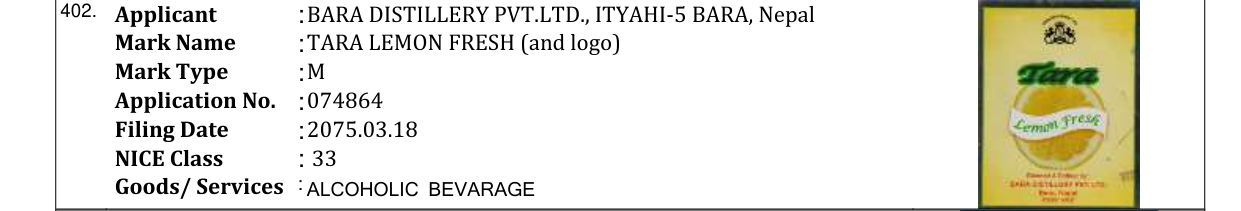 Original bulletin entry for TARA LEMON FRESH (and logo)