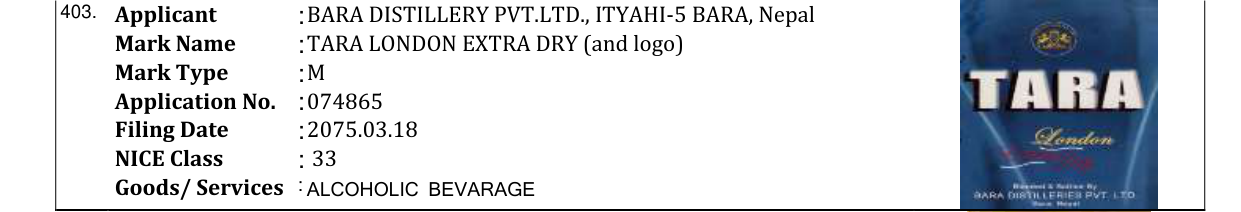 Original bulletin entry for TARA LONDON EXTRA DRY (and logo)