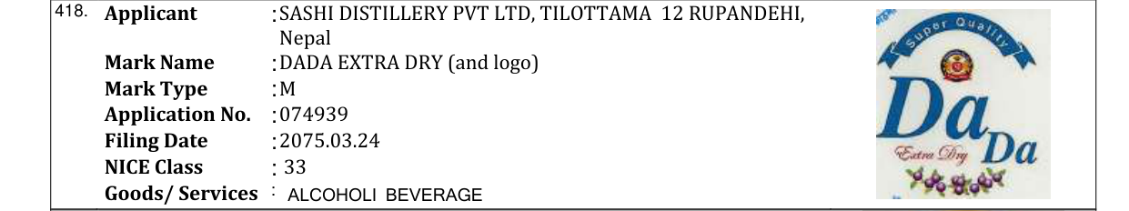 Original bulletin entry for DADA EXTRA DRY (and logo)