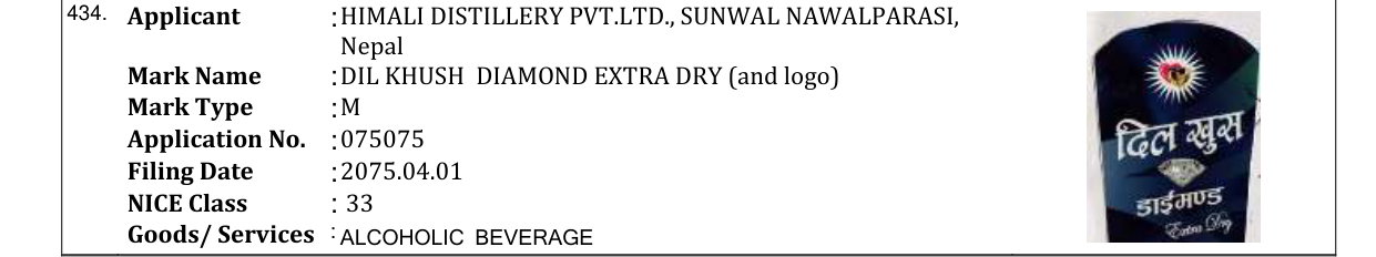 Original bulletin entry for DIL KHUSH DIAMOND EXTRA DRY (and logo)