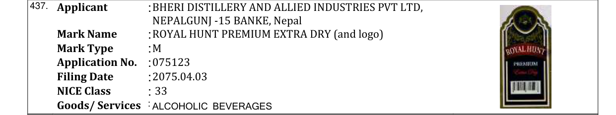 Original bulletin entry for ROYAL HUNT PREMIUM EXTRA DRY (and logo)
